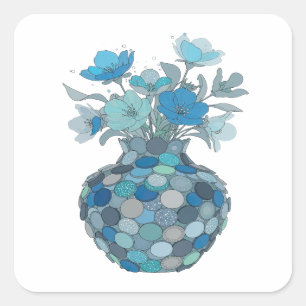 Adesivo Quadrado Vaso Floral Azul Cinza Fresco Decal Arte