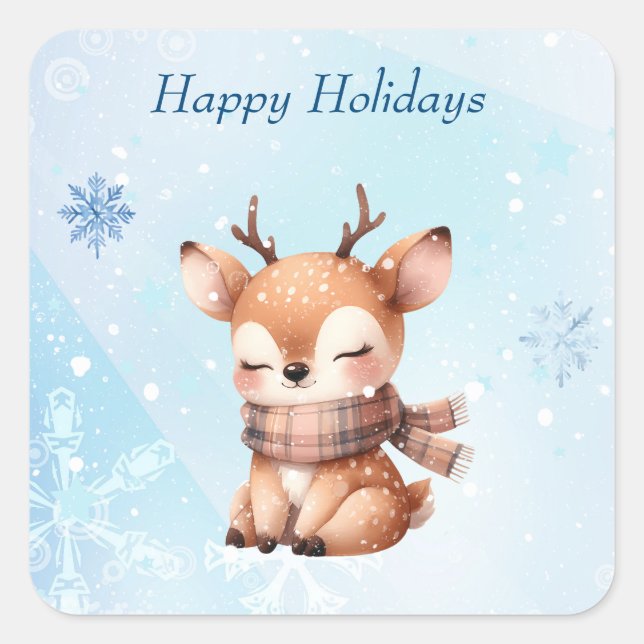 Adesivo Quadrado Veado de Cartoon Bonito na Neve (Frente)