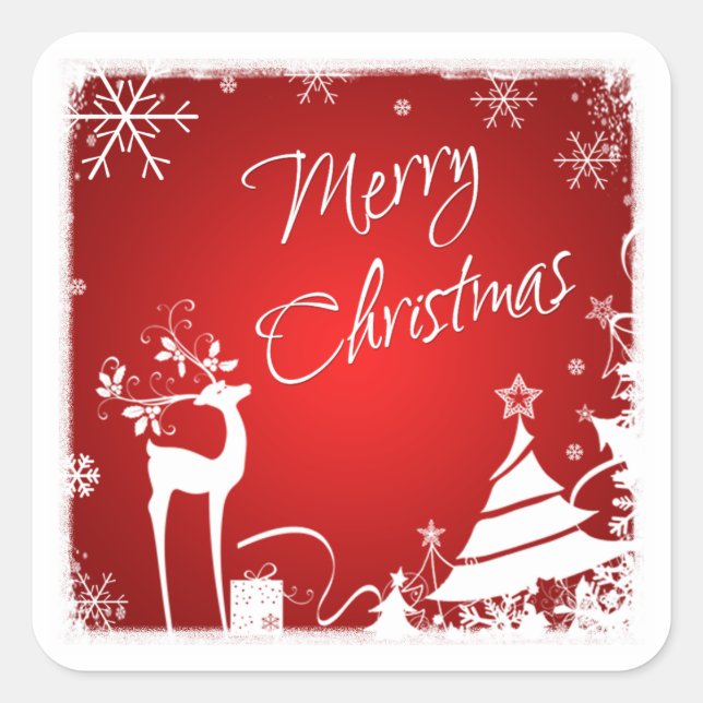 Adesivo Quadrado Veado de Natal Vermelho Branco, Snowflakes Sticker (Frente)
