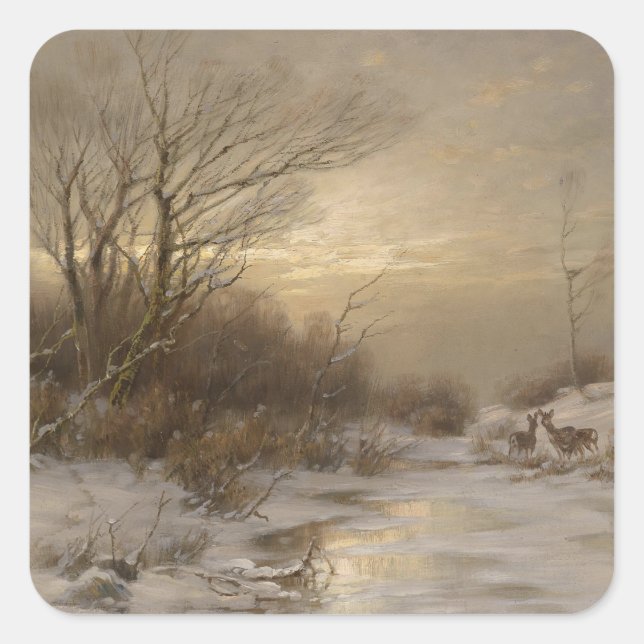 Adesivo Quadrado Veado em Paisagem de Inverno - Désiré Thomassin (Frente)