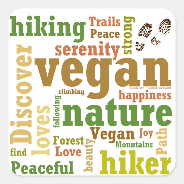 Adesivo Quadrado Vegan Hiker Caminhando Nuvem de Palavras (Frente)