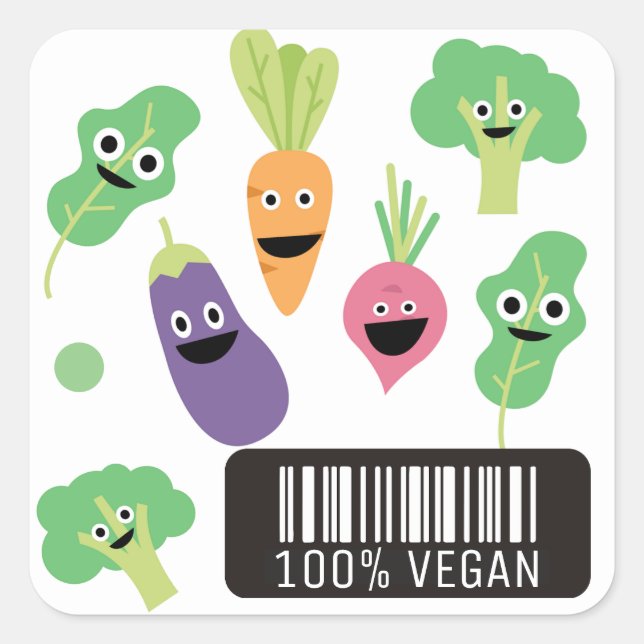 Adesivo Quadrado Vegetais Felizes E Cutes 100% Vegan (Frente)