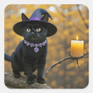 Adesivo Quadrado Vela de Gato Preto e Chapéu de Bruxa do Halloween
