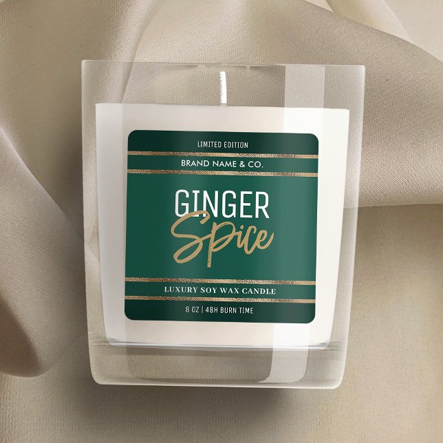 Adesivo Quadrado Vela Moderna Elegante com Brilho Esmeralda e Doura (Elegant emerald green and gold glitter square labels - perfect for candles, diffusers, wax melts etc)