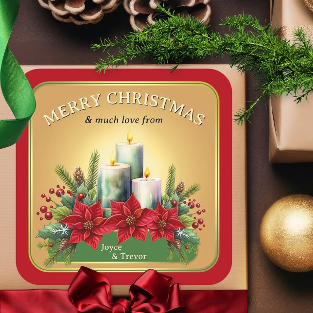 Adesivo Quadrado Velas Coloridas de Aquarelas Poinsettia Natal (Festive colorful Christmas sticker featuring watercolor candles with poinsettia flowers on gold)