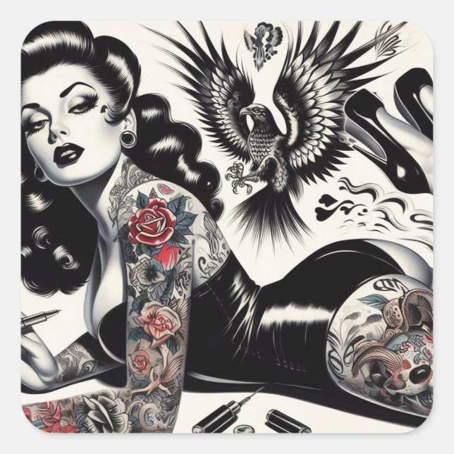 Adesivo Quadrado Velha Garota Tatuada na Escola (Frente)