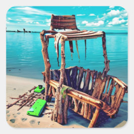 Adesivo Quadrado Velha salva-vidas deserta na praia abandonada
