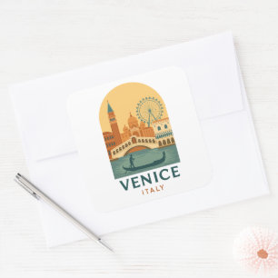 Adesivo Quadrado Vênice Vintage Itália Viagem Gôndola e Cidade Retr