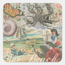 Adesivo Quadrado verão praia vintage polvo antiguidades navegação