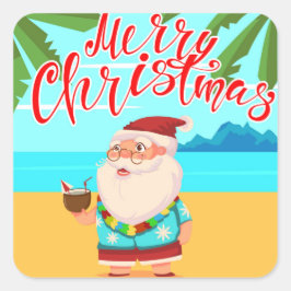 Adesivo Quadrado Verão tropical Feliz Natal Praia Santa Claus