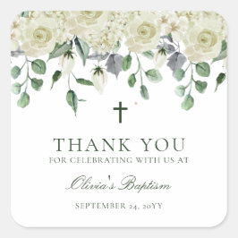 Adesivo Quadrado Verde Branco Floral Baptismo Obrigado