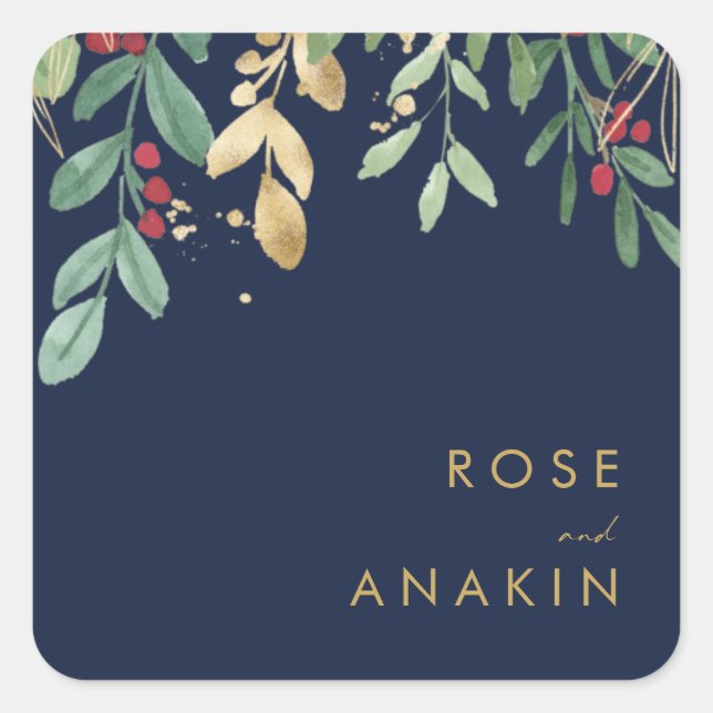 Adesivo Quadrado Verde de Natal Moderno | Marinho Envelope Selos (Frente)