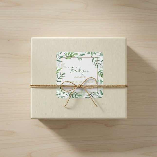 Adesivo Quadrado Verde deixa obrigado de casamento na fronteira seu (Green leaves border wedding thank you sticker.)