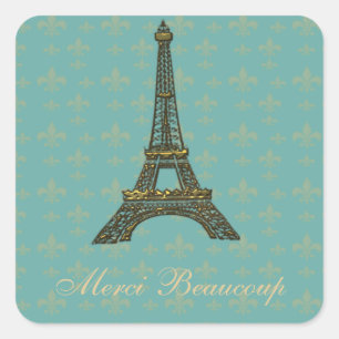 Adesivo Quadrado Verde do vintage da flor de lis da torre Eiffel