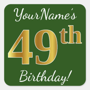 Adesivo Quadrado Verde, Faux Dourado 49 Aniversário + Nome Persona