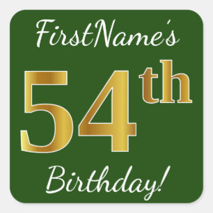 Adesivo Quadrado Verde, Faux Dourado 54º aniversário + Nome Perso