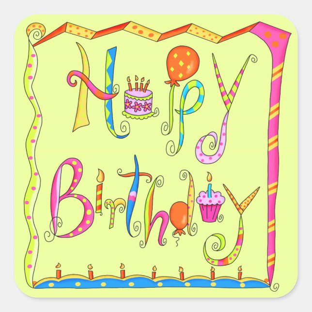 Adesivo Quadrado Verde limão de aniversário feliz (Frente)