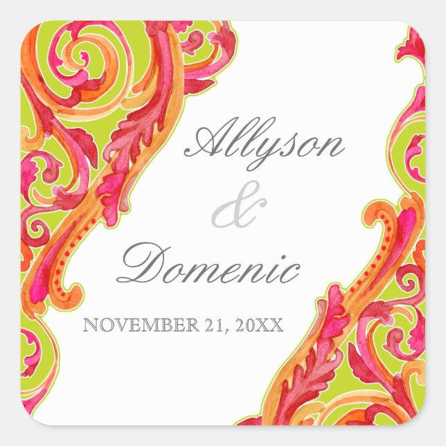 Adesivo Quadrado Verde limão de Tangerina de Coração Floreada Moder (Frente)