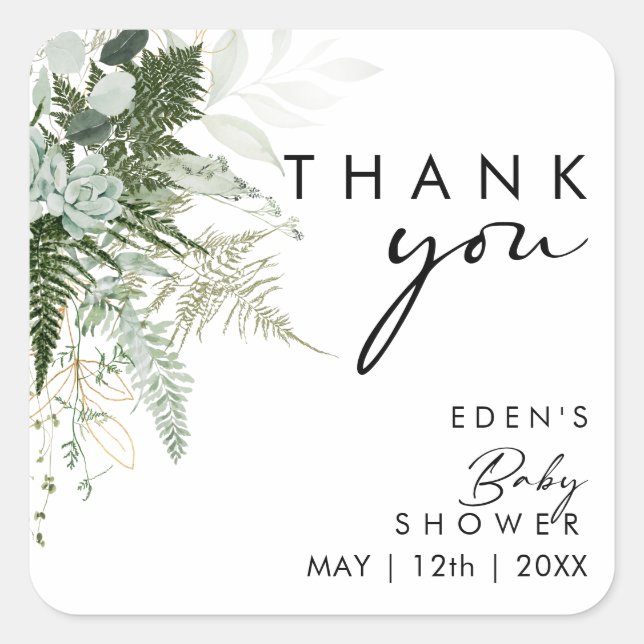 Adesivo Quadrado Verde moderno e Chá de fraldas Dourado Obrigado (Frente)