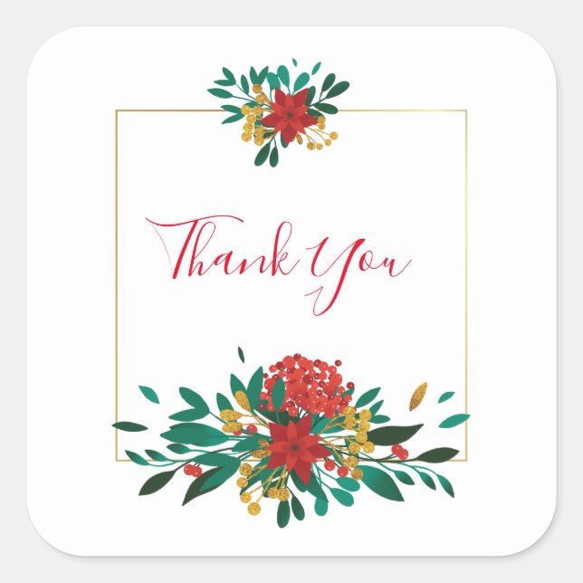 Adesivo Quadrado Verde Vermelho Moderno e Dourado Floral de Natal O (Frente)