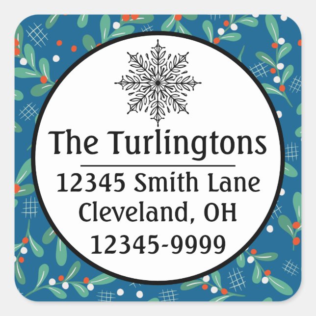 Adesivo Quadrado Verdes Natal com Holly Berries Azul Branco (Frente)