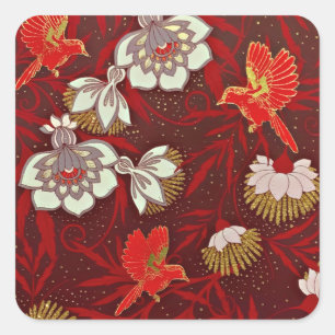 Adesivo Quadrado Vermelho Borgonha Flores Pássaros Dourados Brilho