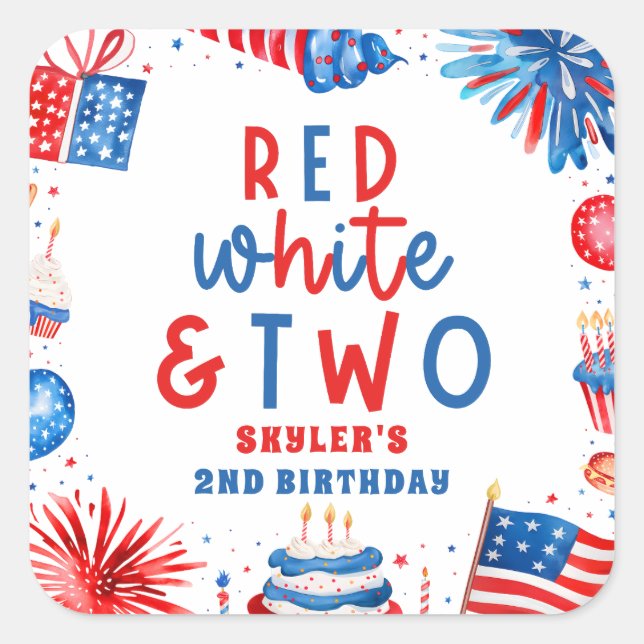Adesivo Quadrado Vermelho, Branco e Dois Festa do segundo aniversár (Frente)
