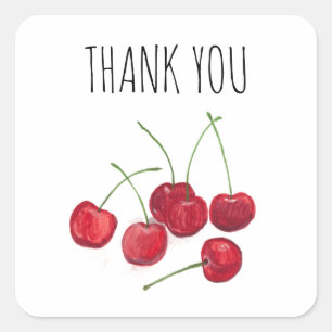 Adesivo Quadrado Vermelho Cereja Fruta Aquarela Fresco Vintage