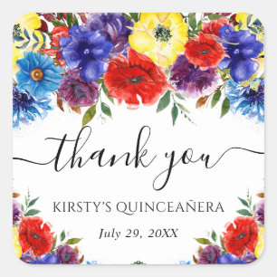 Adesivo Quadrado Vermelho e Azul Flor de Verão Quinceanera