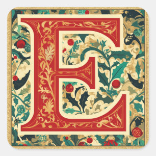 Adesivo Quadrado Vermelho e Dourado "E" com Greenery de Natal