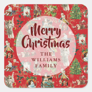 Adesivo Quadrado Vermelho Festivo Vintage Feliz Natal Nome da Famíl