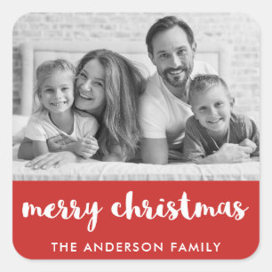 Adesivo Quadrado Vermelho moderno do Feliz Natal e branco e foto