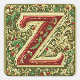 Adesivo Quadrado Vermelho Natal e Z Dourado com Destaques Verdes