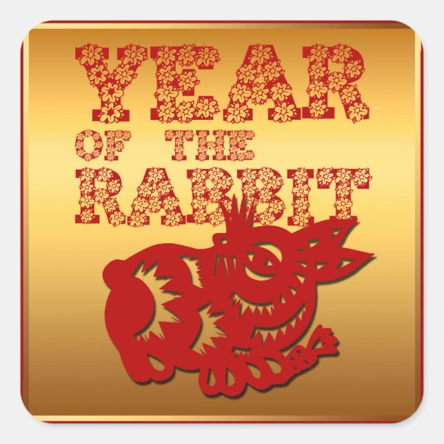 Adesivo Quadrado Vermelho Papercut Coelho Floral Ano Zodíaco Quadra (Frente)