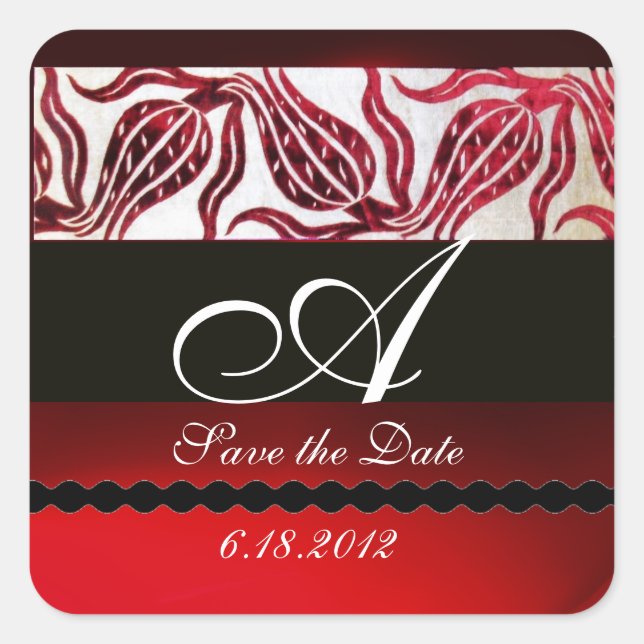 Adesivo Quadrado VERMELHO VELVET DAMASK TULIPS MONOGRAMA Borgonha B (Frente)