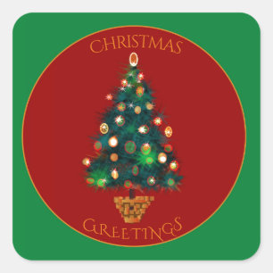 Adesivo Quadrado Vermelho verde com Árvore de Natal Colorida