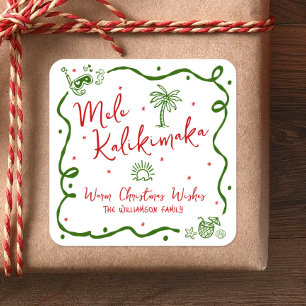 Adesivo Quadrado Vermelho Verde Mele Kalikimaka Desenho Divertido d
