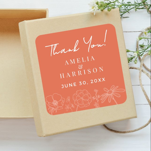 Adesivo Quadrado Verona Sunset Elegant Floral Weding Obrigado (Verona Sunset Elegant Floral Wedding Thank You Favors Sticker with Couple Names, Wedding Date.)