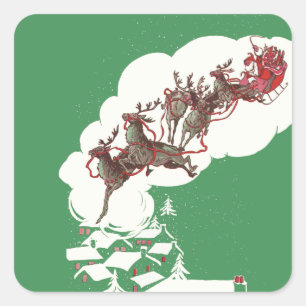 Adesivo Quadrado Véspera de Natal Vintage, Papai Noel Retrô em Tren