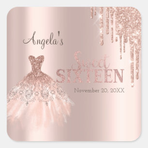 Adesivo Quadrado Vestido Chique Brilho Gotas Dourado Rosa Sweet 16
