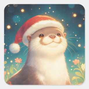 Adesivo Quadrado Vestido de Natal bonito com Santa Hat