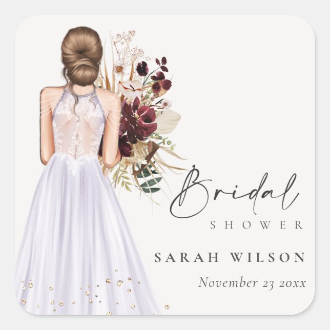 Adesivo Quadrado Vestido de Noiva Lilás Boho Elegante Chuveiro de N (Frente)