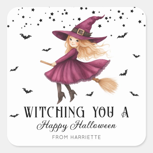 Adesivo Quadrado Vestindo Uma Bruxa Feliz De Halloween (Frente)