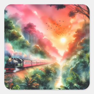Adesivo Quadrado Viagem de trem pôr do sol tropical em aquarela