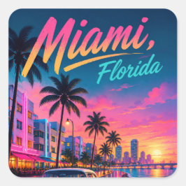 Adesivo Quadrado Viagem Miami Flórida Retro Neon Pôr do Sol