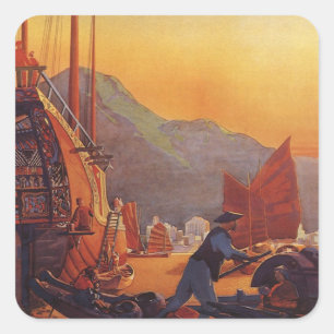 Adesivo Quadrado Viagens Antigas, Avião Sobre Barcos de Carga em Ho