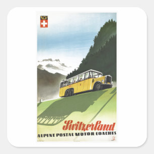 Adesivo Quadrado Viagens vintage alpinas do ônibus da suiça