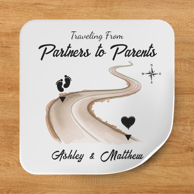 Adesivo Quadrado Viajando de Parceiros ao Chá de fraldas de Pais (Traveling from Partners to Parents Baby Shower Square Sticker
)