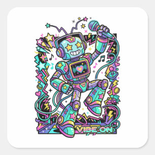 Adesivo Quadrado VIBE ON Neon Robot DJ – Mascote Colorido de Música