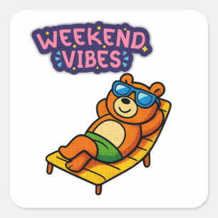 Adesivo Quadrado Vibrações de Fim de Semana Urso Fofo Relaxando Ade